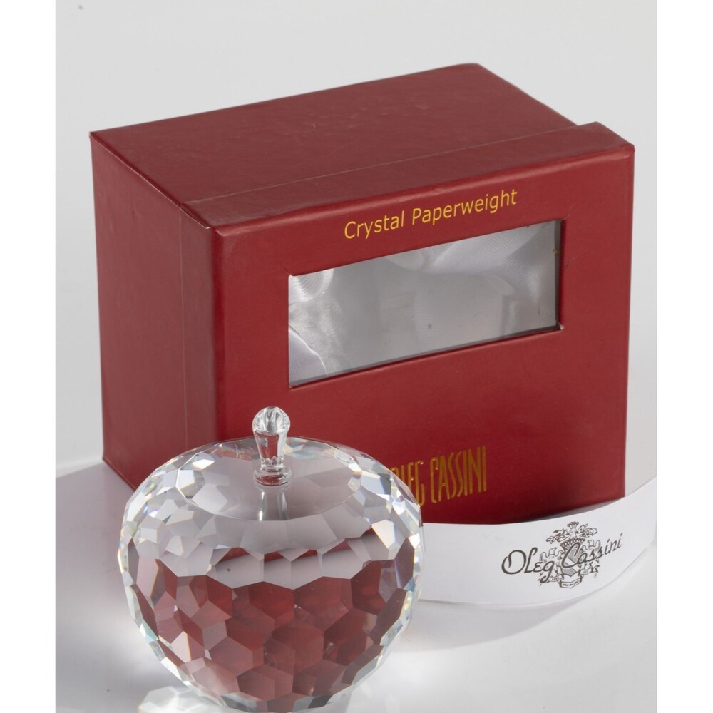 Oleg Cassini Crystal Apple Paperweight Faceted Signed w/ Box 220351 Desk Decor